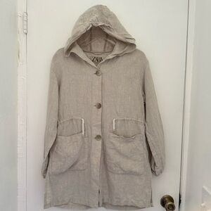 Zara Cream Hooded linen blend hoodie mid length Coat